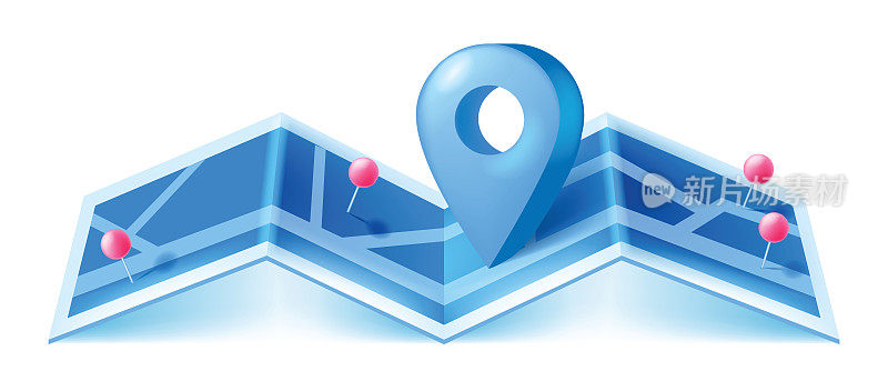 3D GPS定位针，信息图形存储象形图，矢量导航定位标志，纸质城市地图。